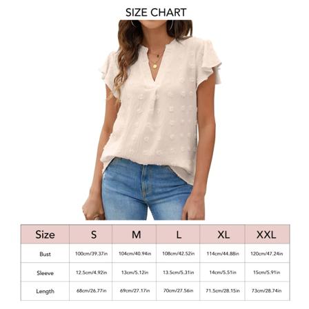 Dame Bluse V-hals Ruffle Ærme Løs Åndbar Prikket Polyester Dame T-shirt til Forår Sommer Efterår Abrikos S