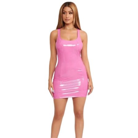XYC Kvinner Kunstlær Bodycon Minikjole Kvadratisk Hals Justerbar Stropp Latex Kjole Utgangsfest Clubwear (Rosa M)
