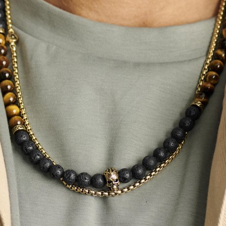 Conjunto de collares de piedra de lava y ojo de tigre Rico para hombres - Collares acero