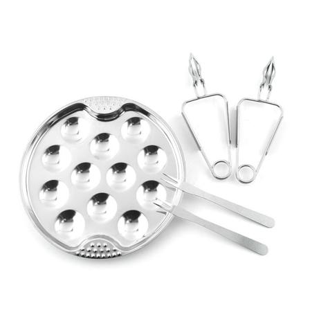 5-delad snigelservice - 1 tallrik med 2 sniglar Ø19cm + 2 snigelpincetter + 6 rostfria snigelgafflar