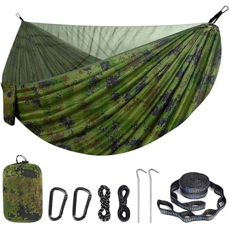 Dobbelt Hængekøje til Camping, Bærbar 2-Personers med Myggenet - Letvægts Nylon Faldskærmshængekøje til Udendørs Brug, Vandreture & Rejser