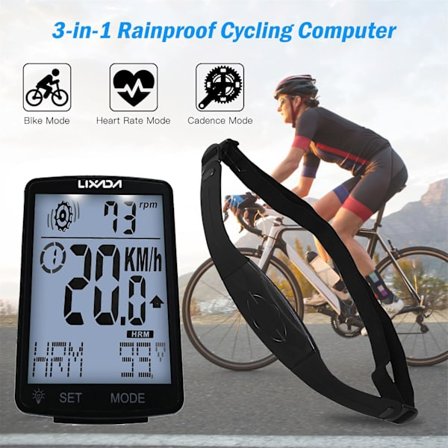 LIXADA 3 i 1 trådløs cykelcomputer Multifunktionel LCD-skærm cykelcomputer med pulsmåler Mountainbike Speedometer Kilometertæller IPX7 Vand