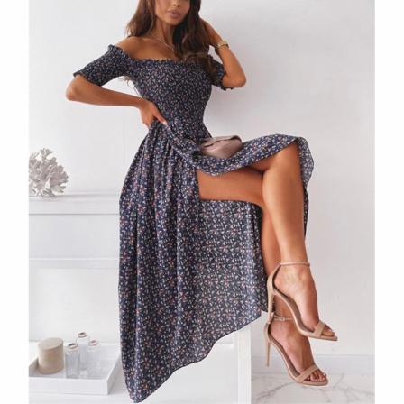 Summer Wish Kvinnor Boho Print Sexig Off--soulder Slit Lon