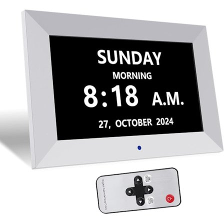 Demensur med digital kalender, Demensure med dage, datoer og tidspunkt på dagen, Dæmpbar & digital dag/dato-ur, 7" HD digital fotoramme