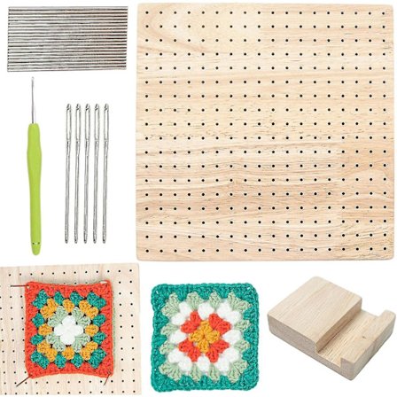 Træblokkeplade til strikning af bedstemorfirkanter, blokkeplade, stangnåle og stangstabilisator