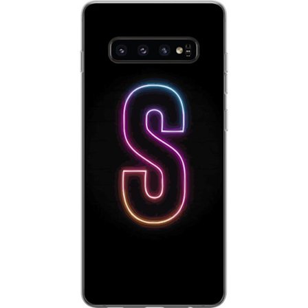 Kompatibelt Mobildeksel til Samsung Samsung Galaxy S10 Neonbokstav S i lysende rosa og blå toner mot mørk bakgrunn, stilig bokstavkunst med retrofut