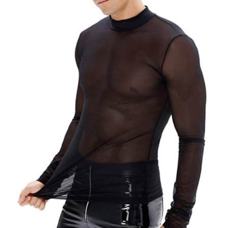 Mesh T-skjorte for menn, gjennomsiktig lounge, lange ermer, sexy, ren muskel-t-skjorte