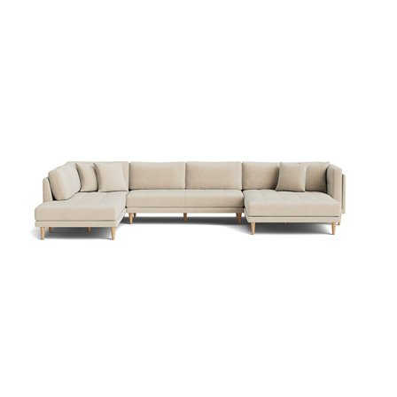Cali U-sofa, højrevendt - Ontario Beige - 374x220x76cm - Dobbelt Chaiselong Sofa med Bøgetræsben & 4 Pyntepuder - Perfekt Familiestørrelse