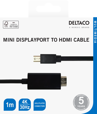 Deltaco miniDisplayPort to HDMI cable, 4K UHD, 1m, black
