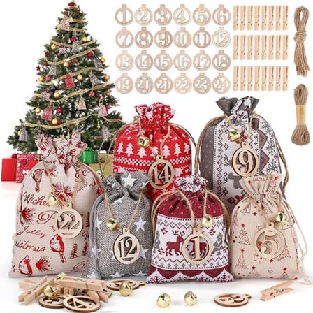 24 Adventskalenderposer, Adventskalender til å fylle, DIY Julegaveposer, Julegavekalender håndverksett, stoffpose