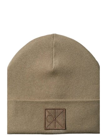 Emblem Patch Fine Rib Beanie Beige Calvin Klein