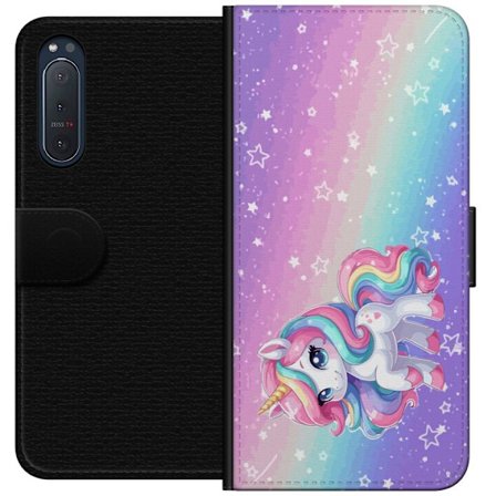 Yhteensopiva Lompakkokotelo Sony Xperia 5 II Stitch polaroid-kehyksissä sinisillä pastellisävyillä ja suloisilla ilmeillä kollaaseissa sydämillä