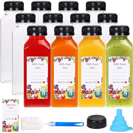 12 stk. plastik juiceflasker med manipulationssikre låg, 360 ml tomme genanvendelige klare juice drikkebeholdere med låg, etiket, tragt og børste