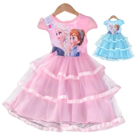 Girl Frozen Princess Dress Rund Neck Kortärmad Puff Kjol