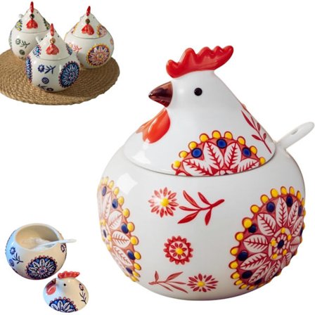 Saltkar med låg og ske, keramisk kyllingekrydderikrukke til opbevaring af salt, peber og sukker på køkkenbordet, ideel til hjemmekokke