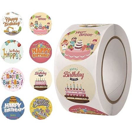 Grattis på födelsedagen klistermärken förseglingar 1 tum 500 st i 1 rulle för födelsedagsinredning festtillbehör skol kort försegling, 8 mönster 