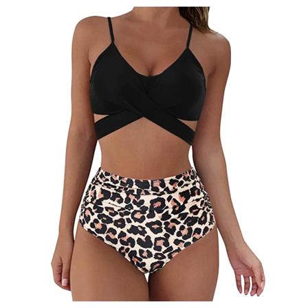 Baddräkt i bikini med høj midja för kvinnor med print med snörning C L