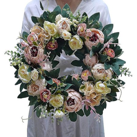 Kunstig Peonkrans Rund Silke Innendørs Og Utendørs Blomsterkrans Hjemmedekor, 16 Tommer