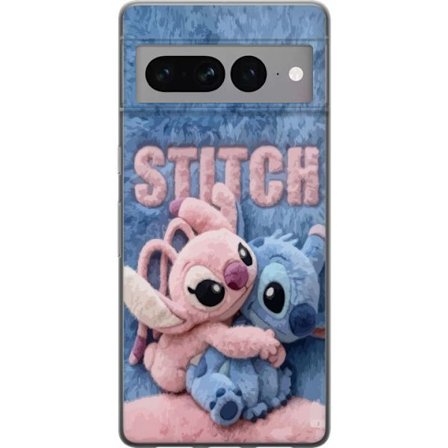 Kompatibelt Mobilskal till Google Google Pixel 7 Pro Söta fluffiga Stitch och Angel kramas på ett mjukt pälsigt underlag med pastellfärger som ska