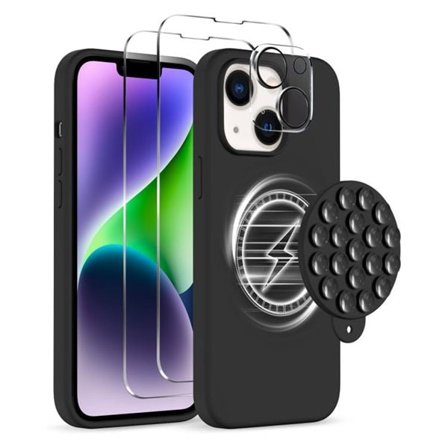 Skal med Magsafe och sugpropp + Skärm- och linsskydd till iPhone 14 - Svart