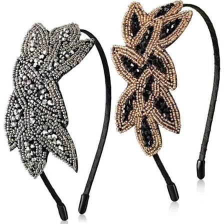 -Sett med 2 pannebånd, 1920-tallsstil, vintage stil, med blader og perler, retro hårtilbehør