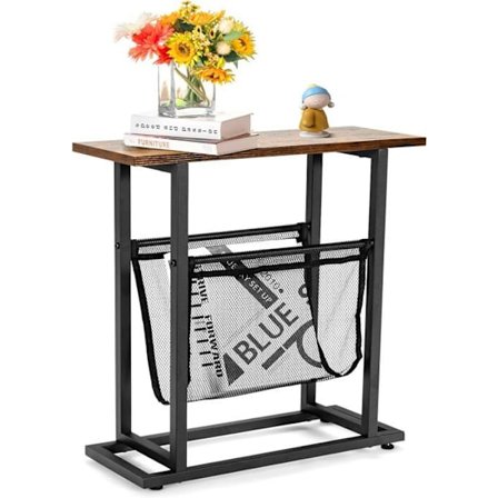 COSTWAY smalt sidebord i industriel stil, med netmagasinstativ og justerbare glider, til stue, soveværelse, kontor