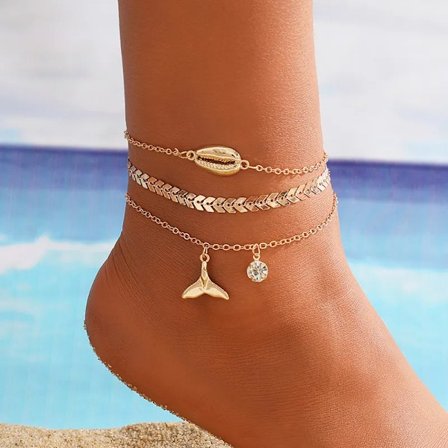 Guld Fotsmycke Fotlänk Vristlänk Fotkedja - 3 Kedjor & Strass Guld