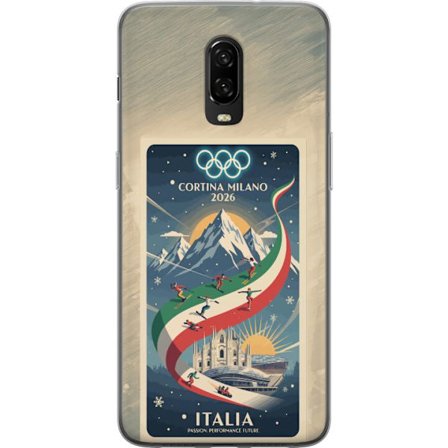 Yhteensopiva Puhelinkuori OnePlus 6T Mäkihyppykuvitus, jossa hiihtäjä tähtää kiväärillä lumisella radalla, teksti Milano Cortina 2026 ja olympialaiste
