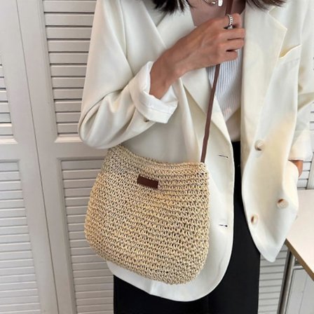 Axelremsväska i halm för kvinnor, sommarväska i halm för kvinnor, strandsemester, stilren avslappnad virkad väska med dragkedja