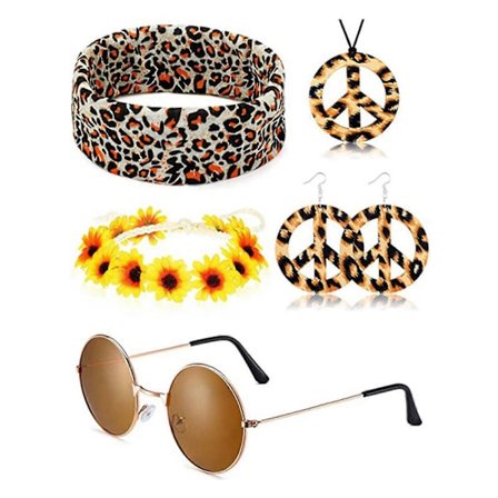 "Hippies Fredshalsband I 60-tals Party Kostym Örhängen Huvudduk Leopardtryck Tillbehör Retro Hårband Glasögon-Yvan" (FMY) B1