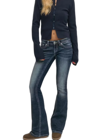 Blå bootcut jeans med broderade fickor