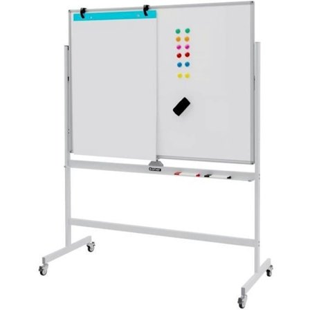 COSTWAY Liikkuva Kääntyvä Valkotaulu 360° 90x120cm 4 Rullaa 2 Korkeussäätöä Liidunpoistettava Magneetit 6 Merkkikynää