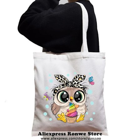 Cute Owl Animal Large-capacity Women Shopping Canvas Tote Bag Girl Female Lady Reusable Eco Shoulder Student Black Handbags