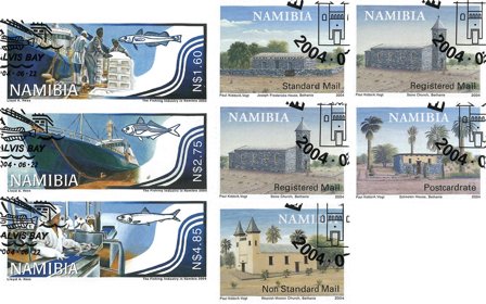 Namibia - Fiskeriflåde og Bethania ældste by - To stemplede sæt i alt 7 frimærker