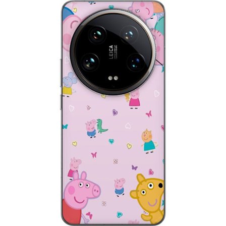 Kompatibelt Mobildeksel til Xiaomi 14 Ultra Peppa Gris med en baby i armene, mamma gris motiv i fargerik og myk barneillustrasjon med hjerter