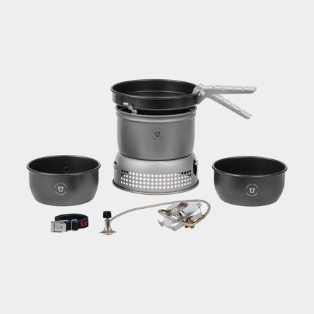 Cocina portátil de gas / cocina de tormenta Trangia 27 Small, 2100 W + 2 ollas, 1 sartén en NS / teflón antiadherente + cortavientos en HA / aluminio 