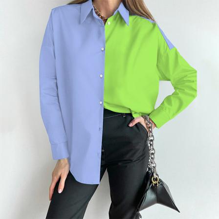 Kvinnor Button Down Tunika Skjorta Color Block Skjortor