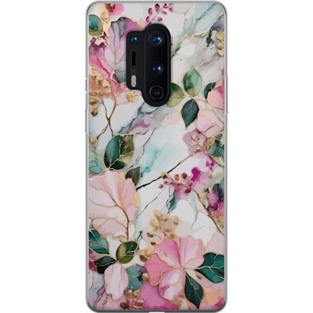 Kompatibel Mobilcover til OnePlus 8 Pro Abstrakt marmormønster med blomster, blade og gyldne detaljer i bløde pastelfarver