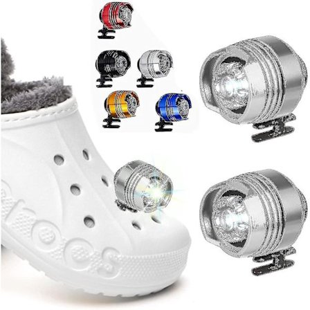 2 stk. Led Croc (farve:sølv) Sko Lys, forlygter til Croc, små lys, 2 stk. sjove Croc forlygter til sko, små Led lys til voksne børn Crocs
