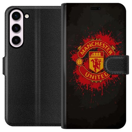 Kompatibelt Lommeboketui til Samsung Samsung Galaxy S23+ Manchester United logo i rød og gul farge med røff sportslig bakgrunn