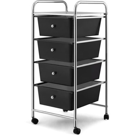 COSTWAY förvaringstorn, vagn på hjul - 4 lådor - 32 x 37 x 76 CM svart metallram