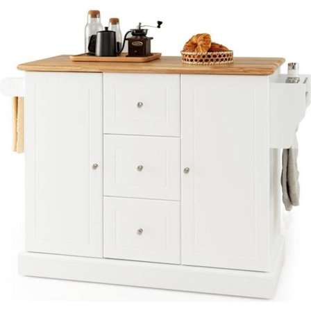 COSTWAY-keittiövaunu - 5 piilopyörää - 127x46x91,5 cm - Central Kitchen Island - ovi, laatikot, pyyheteline, mausteteline