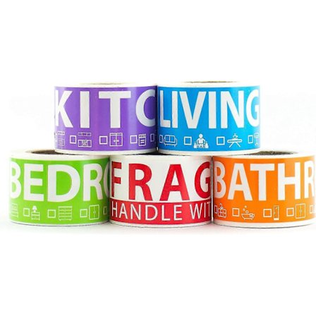 250 flytteetiketter til 1-værelses lejlighed. 50 etiketter pr. rum, 5 farvekodede ruller. Inklusive skrøbelige etiketter. Til flyttekasser, 