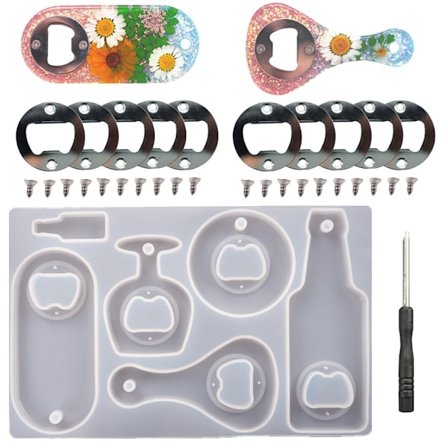 Sæt inkluderer flaskeåbner harpiksform, ølflaskeåbner silikone epoxy harpiks nøglering form 10 stykker metal flaskeåbner indsats hardware DIY håndværk