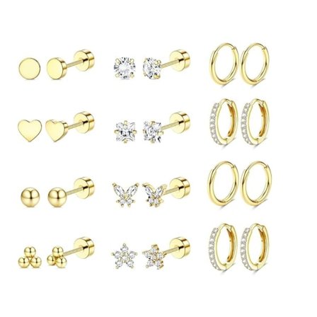 Hypoallergeniske kirurgisk stål øreringe til følsomme ører 14K guld flad bagside øreringe til kvinder mænd små rustfri stål øreringe F guldbelagt