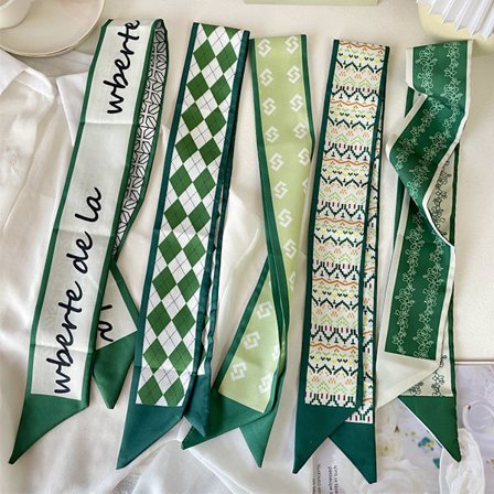 Retro lille silketørklæde pige hjerte forår og sommer smalt bånd pandebånd taske dekoration langt tørklæde hovedbeklædning (grønt hårbånd 5 stk)