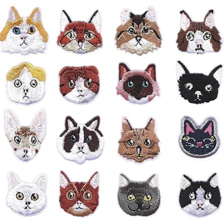 16 stk. Broderede Mærker, Søde Katte Strygemærker til Tøj