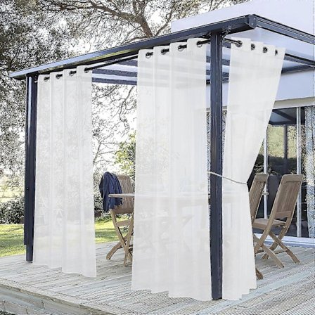 Valkoinen Voile-verho terassille - Ulkokäyttöön tarkoitetut voile-verhot purjerenkailla, valoa suodattava puutarhaan, L 254 x K 213 cm, valkoinen, 1 