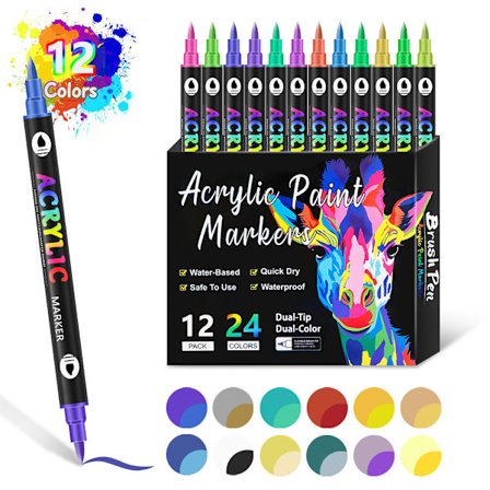 Akryl Paint Markers Dobbel Tip Fine & Brush Nib Ikke-giftige Vanntette Pigmenter for Stein Tre Lerret Glass Kunst Tegneverktøy DIY