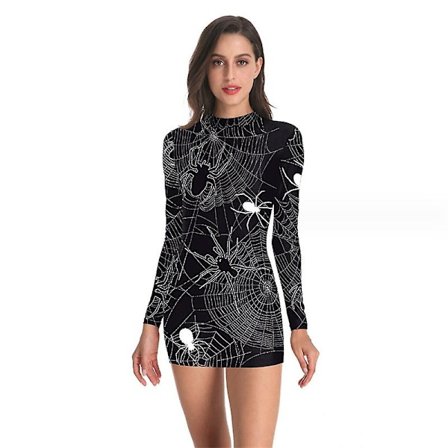 Kvinders Halloween-kostume Skeletkjole Langærmede Stretchy Kort Mini Kjole